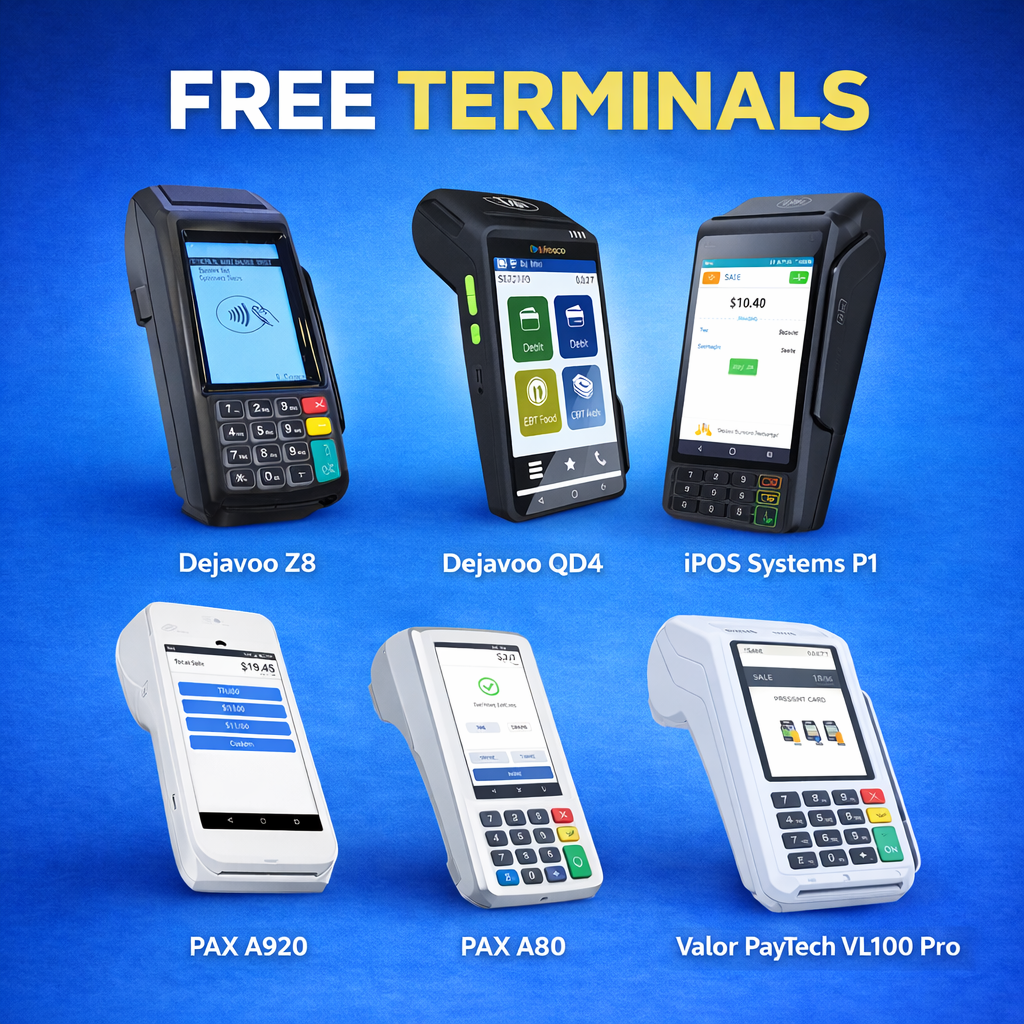 Free premium POS terminals including Dejavoo, PAX, iPOS, and Valor PayTech